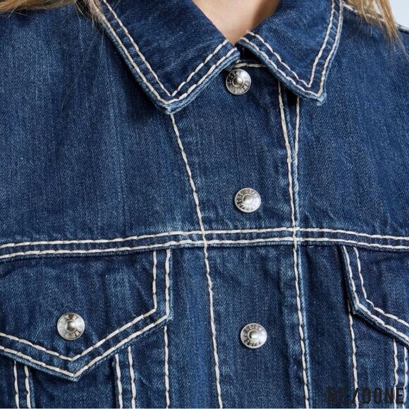 RE/ DONE **NWT** Cropped Chunky Stitch 'Trucker' Indigo Denim Jacket - Picture 13 of 16